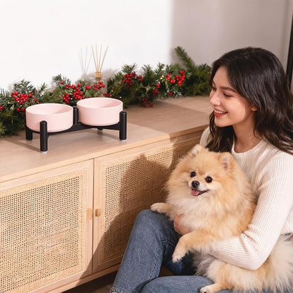 Elevated Ceramic Dog Bowl Set - Cute Double Dishes with Stainless Steel Stand – Raised Feeding Bowls for Cats and Small Dogs - Food & Water Set - 5" / 1.4 Cups (140 g / 260 ml) - Pink