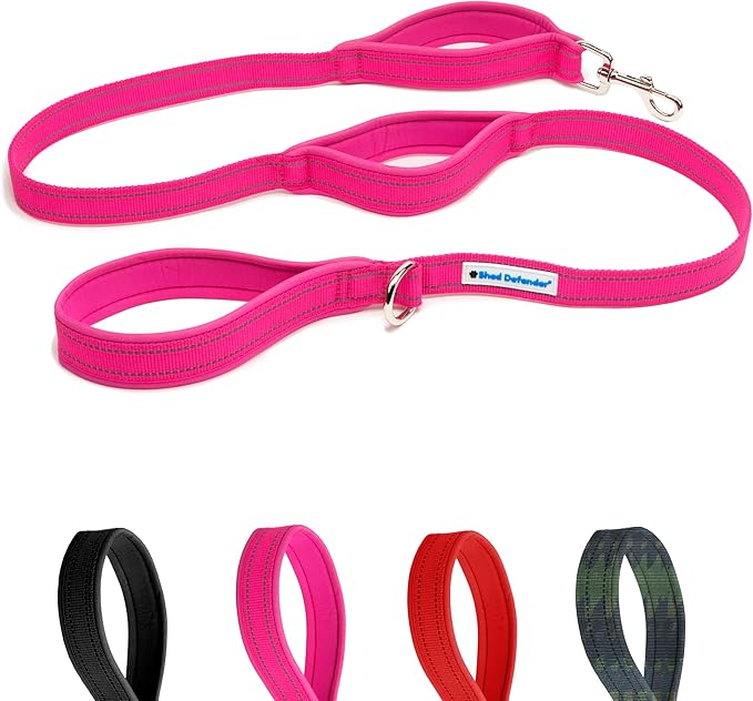 Shed Defender 5 ft. Dog Leash - Three Padded Traffic Handles - Designed in the USA - Dual Layered Thickness for Extra Strength - Reflective Stitching - Large & Small Breed - Training Lead (Pink)