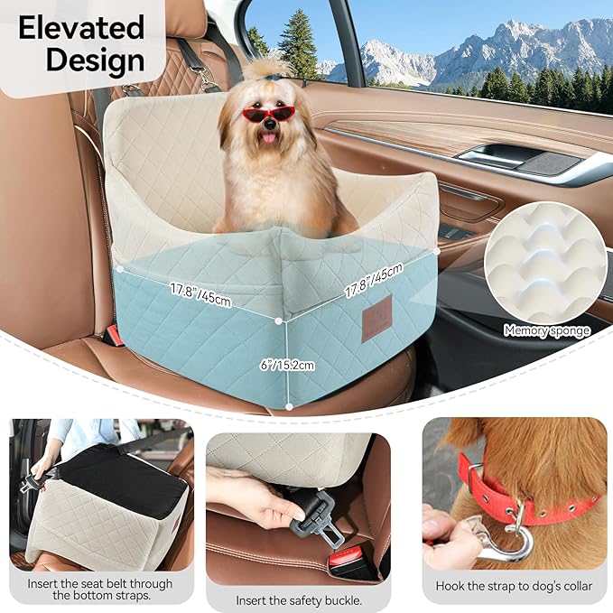 GL GLENSLAVE Dog Car Seat for Small/Medium Dogs, Dog Booster Car Seats with Thick Cushion for Dogs Under 35lbs, Detachable Washable Pet Carseat with Storage Pockets, 2 Safety Belts(Beige)