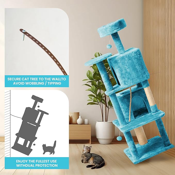 58in Large Cat Tree Tower for Indoor Cats with Soft Plush Hang Ball, Two Condos, Sisal Scratch Posts & Rope Play for Kittens/Adult Cats, Blue