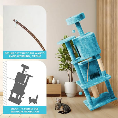 58in Large Cat Tree Tower for Indoor Cats with Soft Plush Hang Ball, Two Condos, Sisal Scratch Posts & Rope Play for Kittens/Adult Cats, Blue