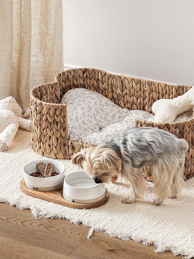 LE TAUCI PET Dog and Cat Bowl Set with Acacia Wood Tray - 2 Cup Ceramic Puppy Bowls for Cats &Small Dogs, Dual Food and Water Bowls with Weighted Non-Slip Base