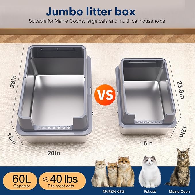 Stainless Steel Litter Box , 28"L*20"W*12"H XXL Extra Large Litter Boxes with lid ,Metal Litter Box with Hight Sides for Big Cats& Multiple Cats,Never Absorbs Odors, Anti-Urine Leakage, Easy Cleaning