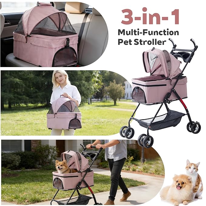 4 Wheels Pink Foldable Pet Stroller with Storage Basket, Cup Holder & Breathable Mesh for Small/Medium Dogs and Cats