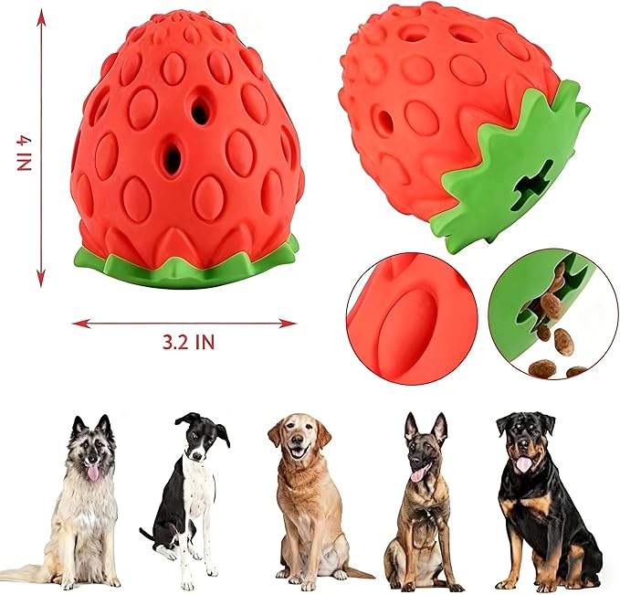 Strawberry Chew Toy for Dogs, Natural Rubber Balls for Aggressive Chews, Cleans Teeth and Gums, Treat Food Dispensing Toys, Indestructible Dog Toys, Toy for Dog Interactive