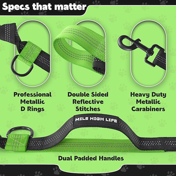 Mile High Life Hands Free Waist Leash for Dog Running Training and Jogging, Adjustable Belt with Double Handle, Reflective Bungee for Medium Large Dogs (Green, 7FT)