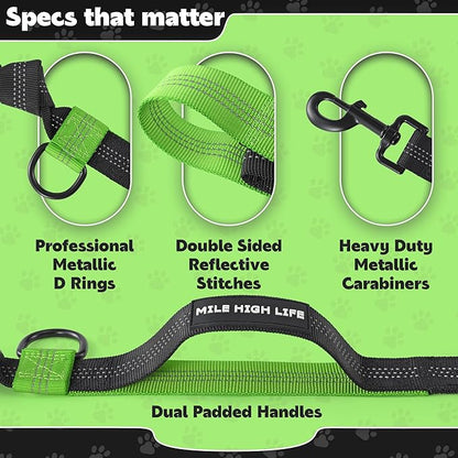 Mile High Life Hands Free Waist Leash for Dog Running Training and Jogging, Adjustable Belt with Double Handle, Reflective Bungee for Medium Large Dogs (Green, 7FT)