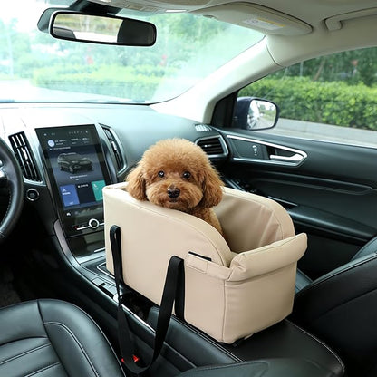 Waterproof Faux Leather Center Console Dog Car Seat, 2-in-1 Portable Puppy Carrier & Armrest Booster Seat for Small Dogs, Easy-to-Clean Tech Fabric, Sturdy Cushioned, Anti-Collapse Walls, Under 11 lbs