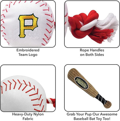 MLB PITTSBURGH PIRATES Baseball Rope Toy for DOGS & CATS. Tough nylon, Sporty Baseball Design, Heavy-duty ropes with Inner SQUEAKER
