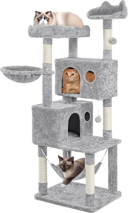 Yaheetech 64.5in Extra Large Multi-Level Cat Tree Kittens Play House Condo with Platform, Perch Hammock & Scratching Posts, Light Gray