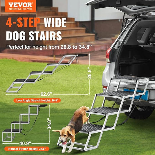 VEVOR Dog Stairs for Car Extra Wide 4-Step Large Dogs, Folding Dog Car Ramp with Nonslip Surface, Portable Pet Steps Lightweight Aluminum for Car, SUV and Truck, Supports up to 250 lbs