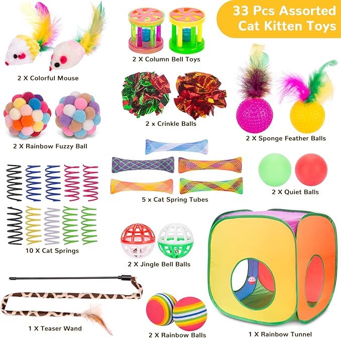 Retro Shaw Cat Toys Set, 33 Pack, Interactive Kitten Toys for Indoor Cats Kitty with Collapsible Cat Tunnel Tube Tent Feather Wand Teaser Bell Fuzzy Pompom Crinkle Ball Springs Mice Toys