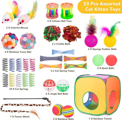 Retro Shaw Cat Toys Set, 33 Pack, Interactive Kitten Toys for Indoor Cats Kitty with Collapsible Cat Tunnel Tube Tent Feather Wand Teaser Bell Fuzzy Pompom Crinkle Ball Springs Mice Toys