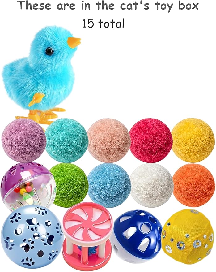 15 Pack Cat Toys Balls Indoor Kitten Play Set with Bell Balls Plush Balls and Wind Up Chicken for Interactive Exercise and Entertainment (1.5'' - 3.7'')