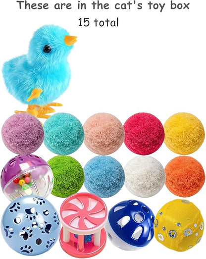 15 Pack Cat Toys Balls Indoor Kitten Play Set with Bell Balls Plush Balls and Wind Up Chicken for Interactive Exercise and Entertainment (1.5'' - 3.7'')