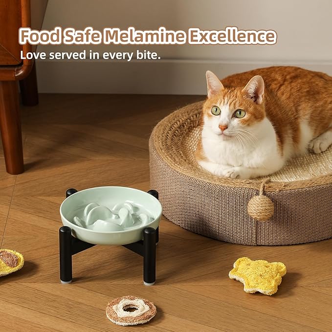 Elevated Slow Feeder Cat Bowl - Melamine Cat Food Plate with Anti-Slip Metal Stand - Raised Maze Dish for Slow Eating - Ivory White
