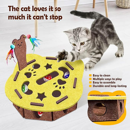 Interactive Felt Cat Maze Box with Cartoon Cat-Shaped Post, Fish-Shaped Puzzle ExerciseHide Seek Moving Toy for Cats, Mental Enrichment Self-Play Toy Encourages Hunting Instincts with 4 Balls