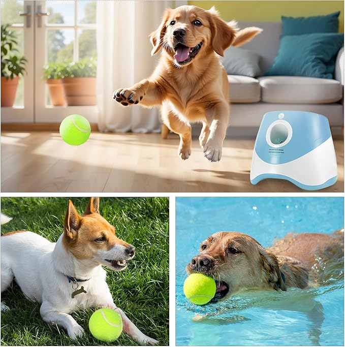 Automatic Ball Launcher for Dogs with 6pcs 2.3 Inch Etpu Tennis Balls,Thrower Distance 20-45ft,interacive Dog Toys for Indoor/Outdoor for Small Or Medium Dogs (White) (Green)