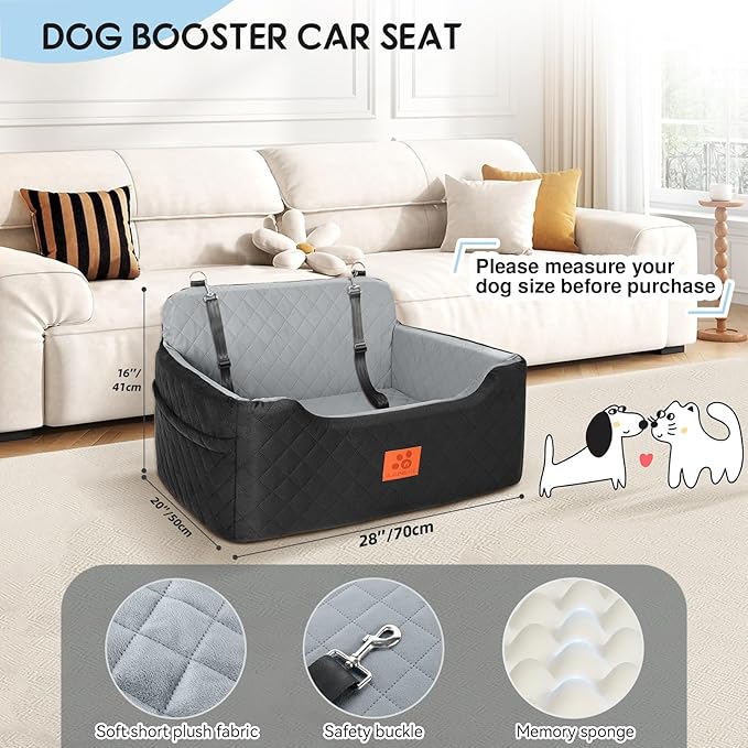 GL GLENSLAVE Dog Car Seat for Medium/Large Dogs,Pet Booster Car Seats for Under 50lbs or 2 Small Dogs, Detachable and Washable Pet Bed,Multi-Functional Travel Dog Bed(Black/Grey)