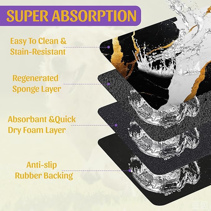 Black Gold Marble Dog and Cat Food Mat, Absorbent Feeding Placemat, Waterproof Non-Skid Rubber Backing, No Stains Pet Supplies – 16x24 Inch