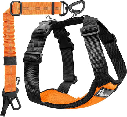 Pawaboo Dog Seat Belt Harness for Car, Dog Car Harness Seatbelt with Double Clips, Adjustable Breathable Pet Vest & Dogs Safety Tether with Elastic Bungee for Small Medium Large Pet, XL, Orange/Black