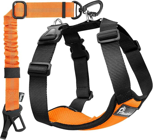 Pawaboo Dog Seat Belt Harness for Car, Dog Car Harness Seatbelt with Double Clips, Adjustable Breathable Pet Vest & Dogs Safety Tether with Elastic Bungee for Small Medium Large Pet, XL, Orange/Black