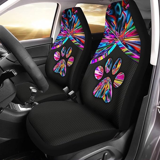 Universal Bucket Seats Cover Protector, 2 PCS Colorful Trippy Dog Paw Print Waterproof Durable Auto Interior Accessory for Car Truck SUV