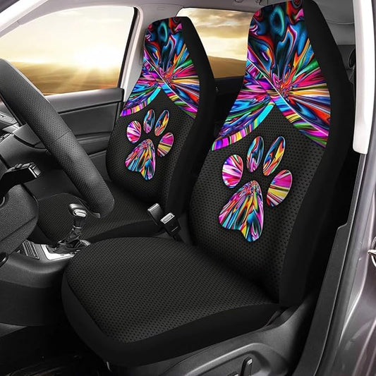 Universal Bucket Seats Cover Protector, 2 PCS Colorful Trippy Dog Paw Print Waterproof Durable Auto Interior Accessory for Car Truck SUV