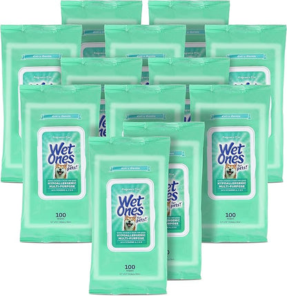 Wet Ones for Pets Hypoallergenic Multipurpose Dog Wipes with Vitamins A, C & E - No Fragrance Pet Wipes for Dogs with Wet Lock Seal, 100 Count - 12 Pack