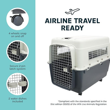 SportPet Airline Compliant XX-LARGE 36" Travel Dog Kennel-Durable Plastic Airline Pet Carrier w/ Removable Wheels & Food Bowls, Collapsible Indoor/Outdoor Dog Kennel, Dogs up to 36"L & 27"H-Cream/Gray
