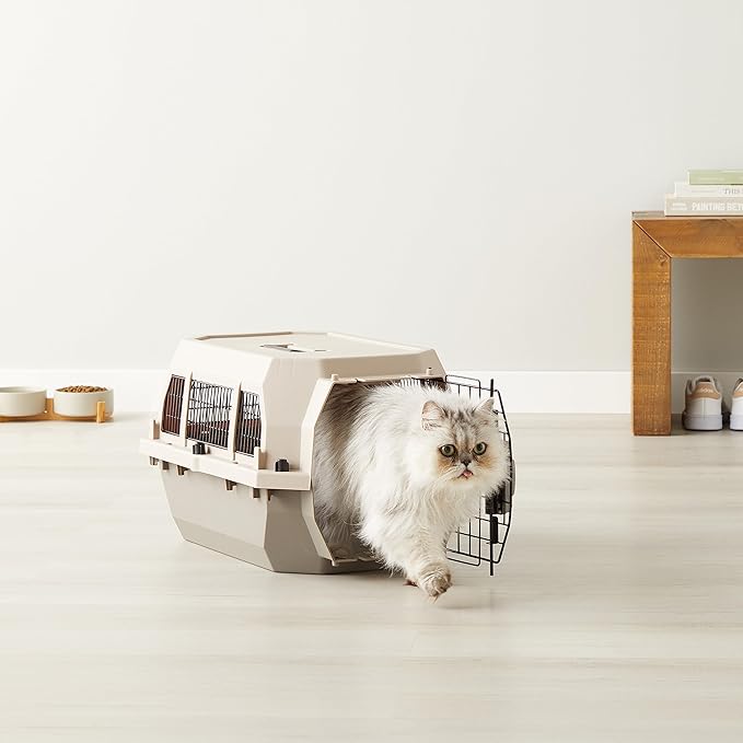 Amazon Basics Hard-Sided Dog and Cat Kennel, Single-Door Travel Pet Carrier with Metal Wire Ventilation, 23.6"L x 15.7"W x 13"H, Beige