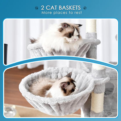 Hey-brother Cat Tree, 74 inches Multi-Level XL Large Cat Tower for Indoor Cats with Three Cat Condos, Two Large Top Decks and Cat Hairbrushfor Kittens, Cats and Pets, Light Gray MPJ035-MW