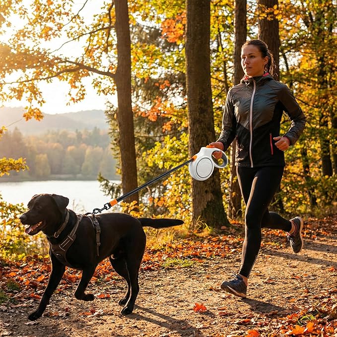 16ft Retractable Dog Leash for Large Dogs up to 110 lbs 16ft,Ideal for City Walks & Multi-Pet Homes, Suitable for Cats,Heavy-Duty Nylon Tape, 360° Tangle-Free, One-Hand Brake & Lock, White