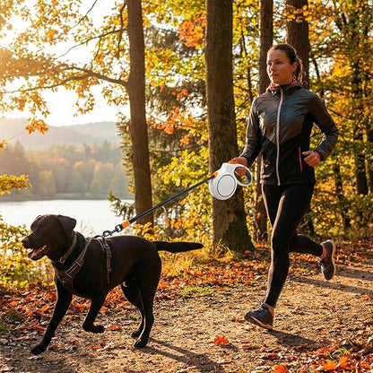 16ft Retractable Dog Leash for Large Dogs up to 110 lbs 16ft,Ideal for City Walks & Multi-Pet Homes, Suitable for Cats,Heavy-Duty Nylon Tape, 360° Tangle-Free, One-Hand Brake & Lock, White