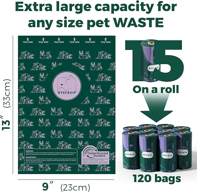 ATIFBOP Dog Poop Bags Rolls, Extra Thick and Leak-proof Poop Bags for Dogs, 8 Refill Rolls, Scented Waste Bag for Dog and Cat, Made form 65% Recycled Plastics