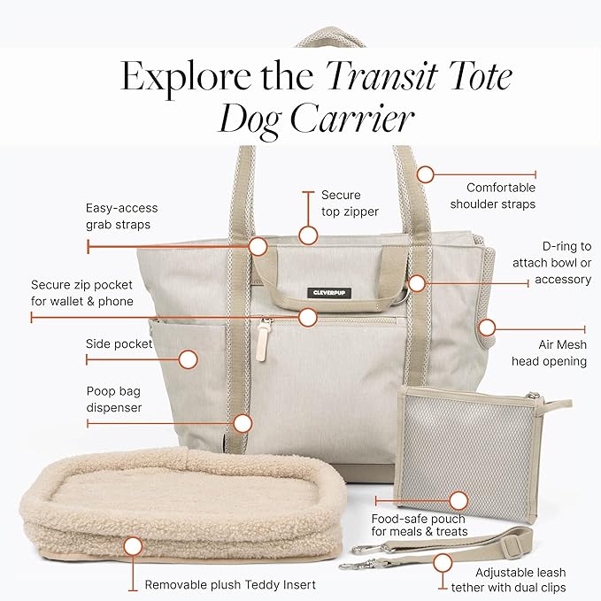 Cleverpup Transit Tote Dog Carrier for Small Dogs Under 8 lbs, 16x11x8 Soft-Sided 4-Pc Set with Waterproof Base, Plush Insert, Food Pouch, Mesh Head Opening - Small, Sand