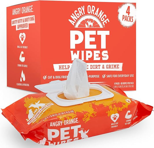 Angry Orange Unscented Pet Wipes - Hypoallergenic & Fragrance-Free With Aloe & Chamomile - Thick Grooming Wipes for Paws, Fur, Butt - Safe for Dogs & Cats - 320 Count - Value 4 Pack