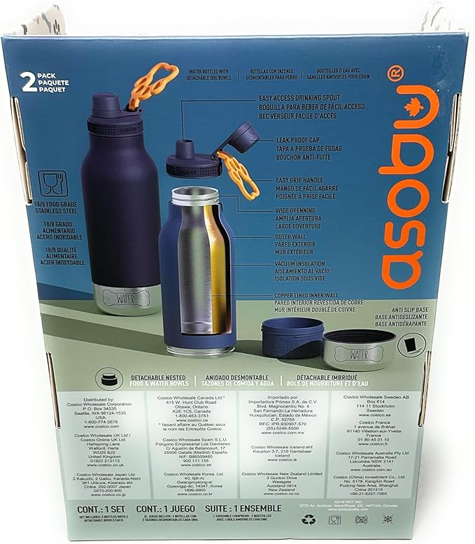 Asobu Dog Buddy Bottle - Stainless Steel Insulated Water Bottle for Humans with Removable Dog Bowl and Food & Treat Storage - 34 Oz, 2 Pack (Blue/Black)