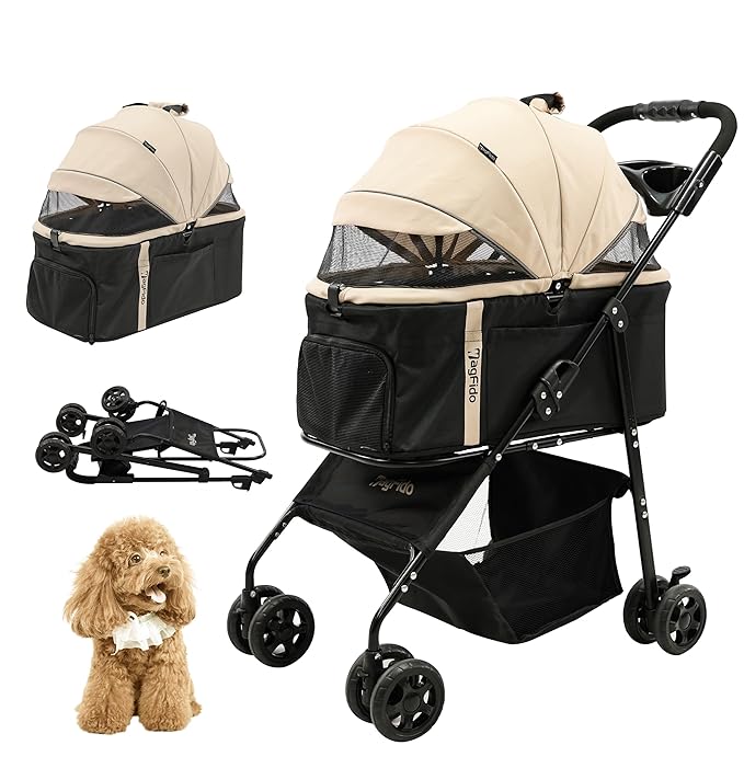 Pet Stroller with Removable Carrier, 3 in 1 Stroller for Dogs, Pet One-Click Foldable Pet Stroller with 4 Wheel, Small Dog Stroller Holds up to 33 lbs, Cup Holder, Car Stroller, Khaki