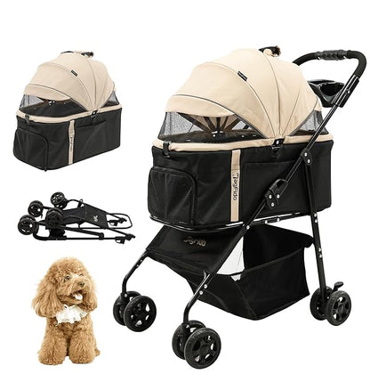 Pet Stroller with Removable Carrier, 3 in 1 Stroller for Dogs, Pet One-Click Foldable Pet Stroller with 4 Wheel, Small Dog Stroller Holds up to 33 lbs, Cup Holder, Car Stroller, Khaki