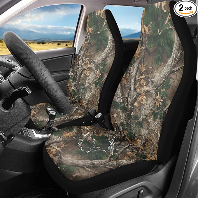Camo Hunting Forest Car Seat Covers for Truck Sedan SUV Waterproof Elastic Polyester Automotive Front Seat Covers 2 Pcs Set for SUV, Van, Sedan, Truck