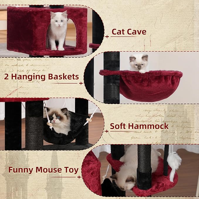 Gothic Cat Tree for Large Cats, 78.7"(200cm) Tall Cat Tower for Indoor Cats Multiple Cats with Large Top Perch, Cat Condo, Cat Hammcok, Cat Scratching Post, Black and Red GCT031BR
