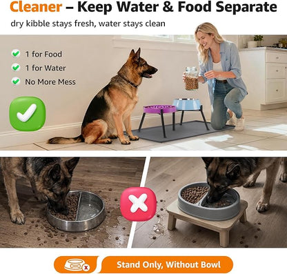 LOOBANI Double Dog Bowl Stand: 2-in-1 Elevated Food Water Bowl, Adjustable Width Fits Bowls 5.9"-8.7" (Stand Only), Anti-Slip Raised Bowl for Medium Adult, Senior, Arthritis Dogs, Black, Large