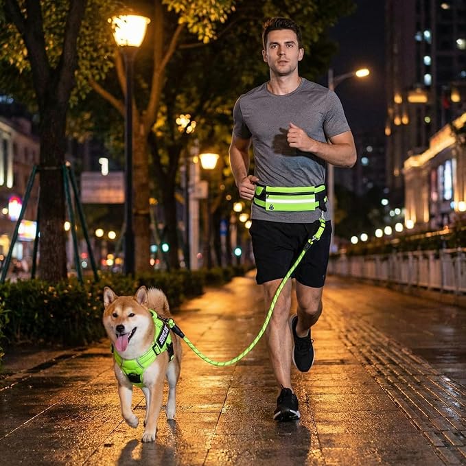 Sadnyy 3 Pcs Dog Reflective Safety Bundle Included Dog Reflective Vest Fluorescent Hands Free Leash with Waist Pack Hi-vis Fluorescent Visibility Pet Set for Raining Jogging Hiking