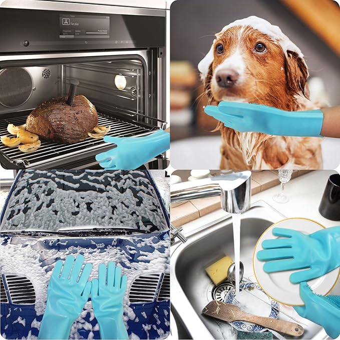 Pet Grooming Gloves - Cat and Dog Glove Brush, High Efficiency Pet Hair Removal Massage Gloves, Silicone Bath Cleaning Gloves (1 Pair)