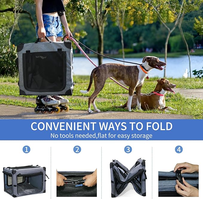 NEZUC Collapsible Dog Crates for Large Dogs Portable Soft Sided Travel Dog Carrier for Indoor & Outdoor, 4-Door Foldable Pet Kennel with Durable Mesh Windows (Gray, 24.0" L x 17.0" W x 17.0")