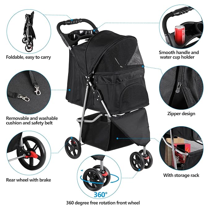 Foldable Pet Stroller for Cats and Dogs 3 Wheels Carrier Strolling Cart with Weather Cover, Storage Basket + Cup Holder (Black)