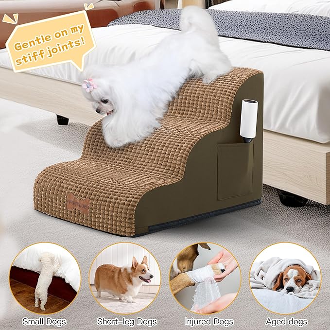Dog Stairs for Small Dogs, Wide Pet Step with Removable Cover, No Assembly High Density Foam Cat Ramp for Bed or Sofa, 5-Step, Light Brown
