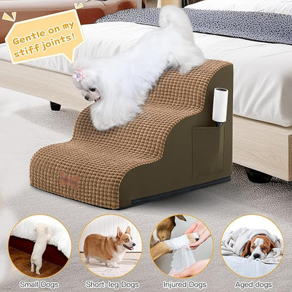 Dog Stairs for Small Dogs, Wide Pet Step with Removable Cover, No Assembly High Density Foam Cat Ramp for Bed or Sofa, 5-Step, Light Brown