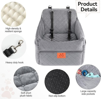 GL GLENSLAVE Dog Car Seat for Small/Medium Dogs, Dog Booster Car Seats with Thick Cushion for Dogs Under 35lbs, Detachable Washable Pet Carseat with Storage Pockets, 2 Safety Belts
